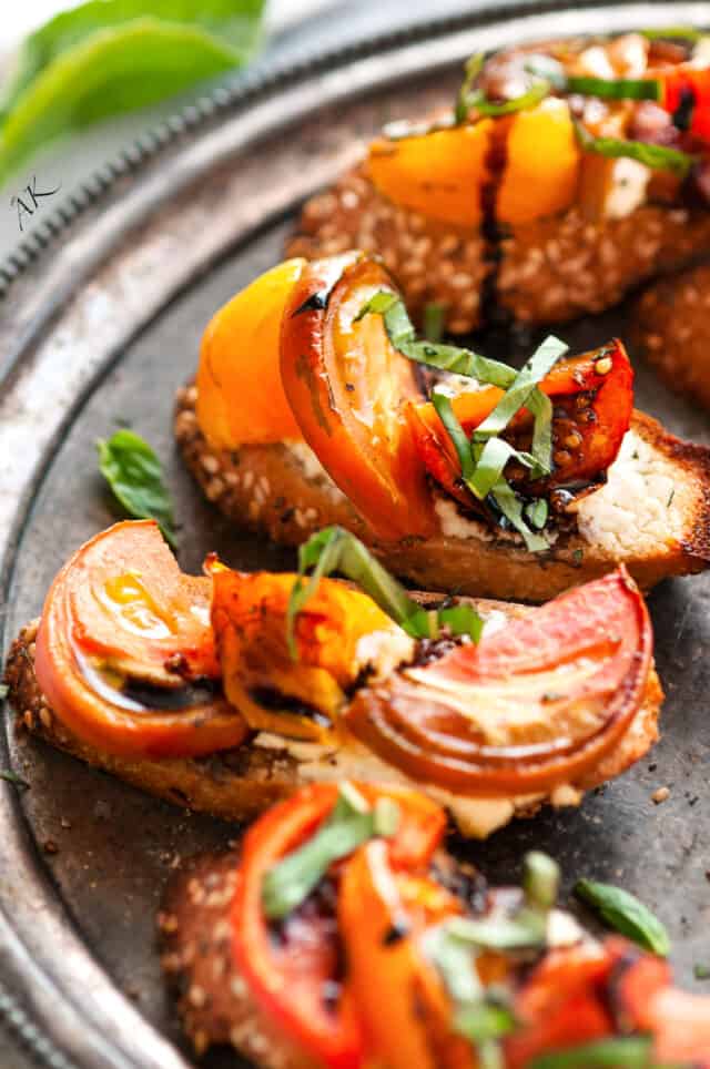 Roasted Heirloom Tomato and Goat Cheese Bruschetta - Aberdeen's Kitchen