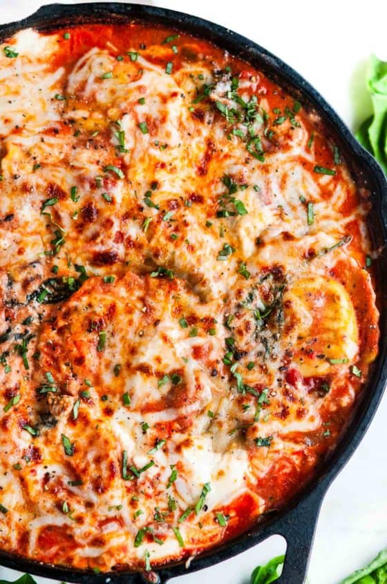 One Pot Skillet Ravioli Lasagna with Spinach and Kale - Aberdeen's Kitchen