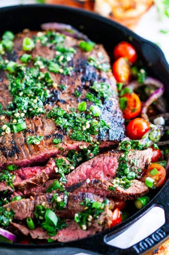 Skillet Flank Steak and Veggies with Chimichurri Sauce - Aberdeen's Kitchen