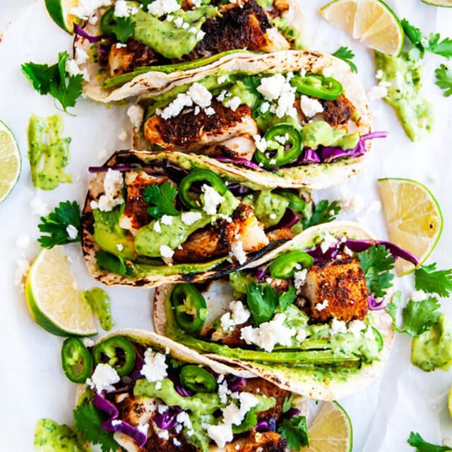 Blackened Cod Fish Tacos with Cilantro Avocado Sauce - Aberdeen's Kitchen