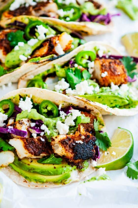 Blackened Cod Fish Tacos with Cilantro Avocado Sauce - Aberdeen's Kitchen