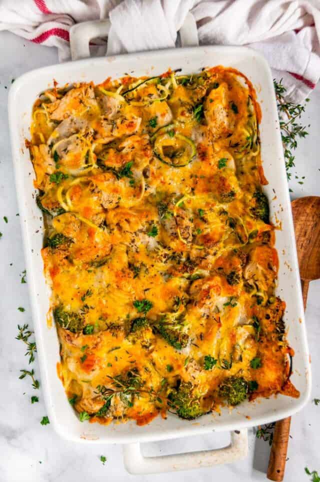 Cheesy Chicken Broccoli Zucchini Zoodle Casserole - Aberdeen's Kitchen