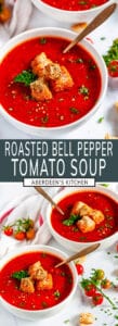 Roasted Bell Pepper Tomato Soup with green rectangle and white text overlay