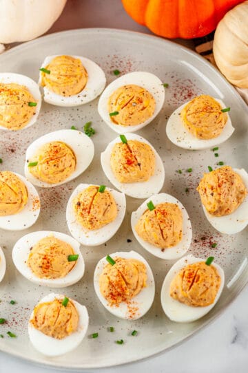 Thanksgiving Pumpkin Deviled Eggs - Aberdeen's Kitchen