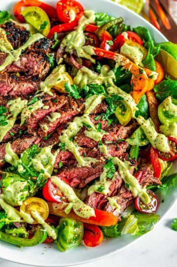 Steak Fajita Salad with Cilantro Avocado Dressing - Aberdeen's Kitchen