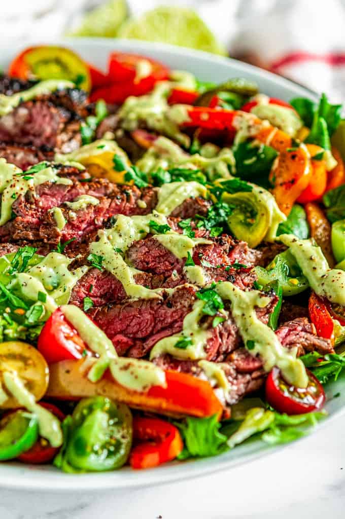 Steak Fajita Salad with Cilantro Avocado Dressing - Aberdeen's Kitchen